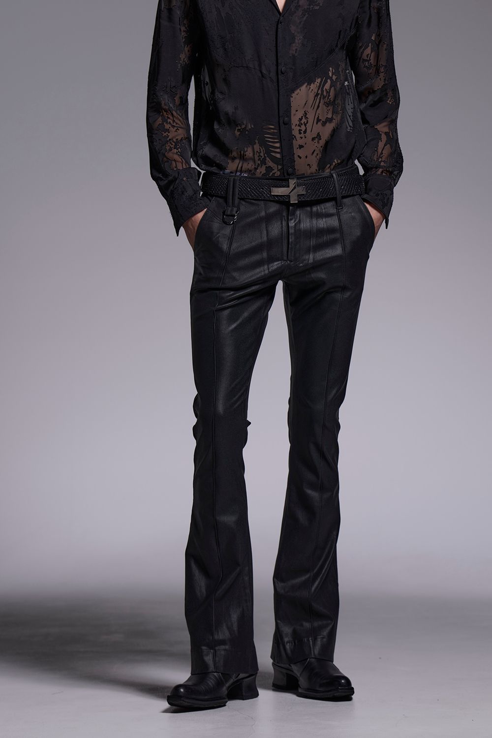 Coating High Tension Jersey Flare Skinny Slacks / コーティング ハイテンションジャージー フレア スキニー スラックス