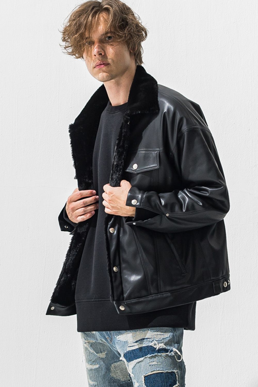 LEATHER FUR OVER G / オーバーサイズ エコレザーGジャン