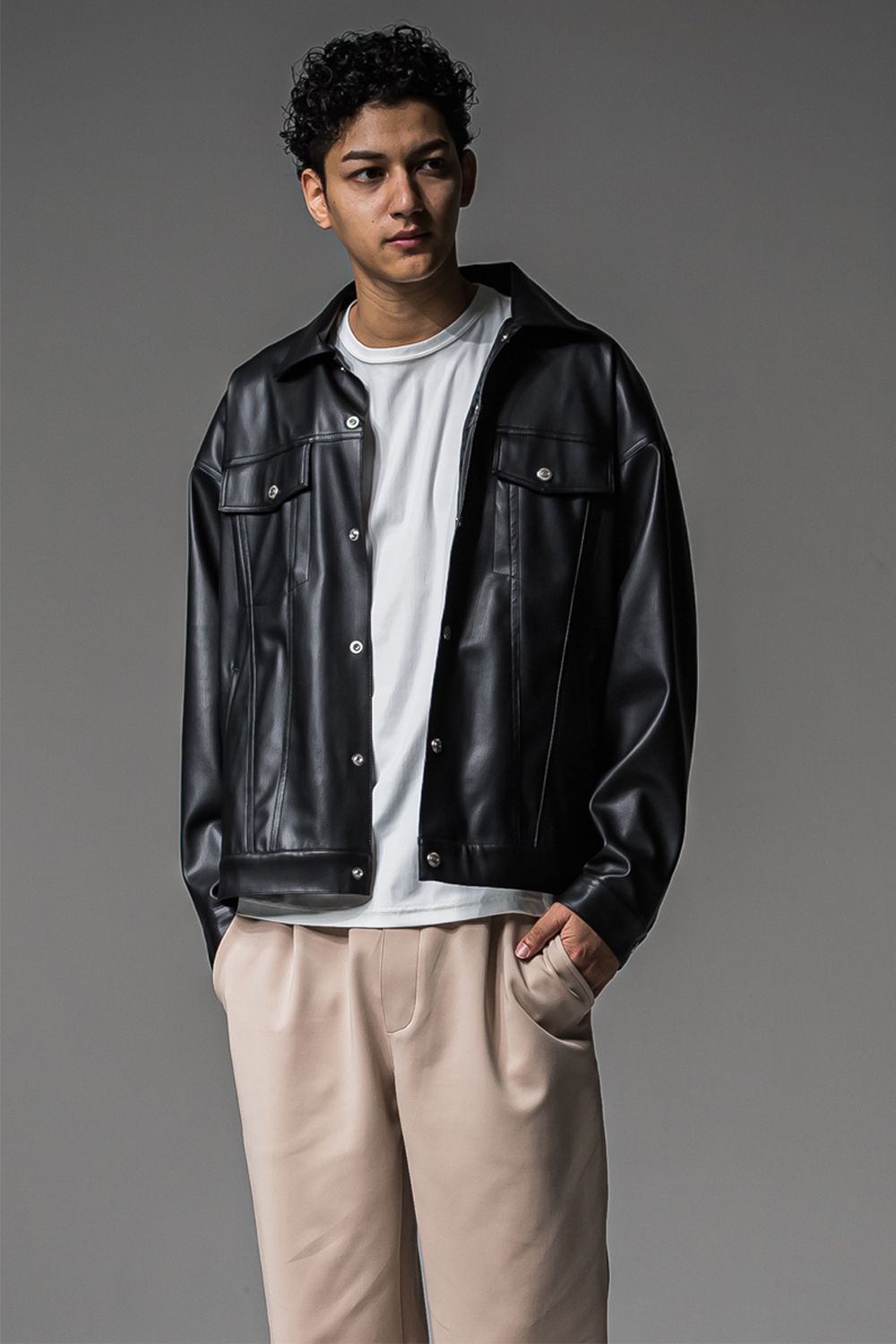 LEATHER OVER 3RD G / オーバーサイズ エコレザーGジャン