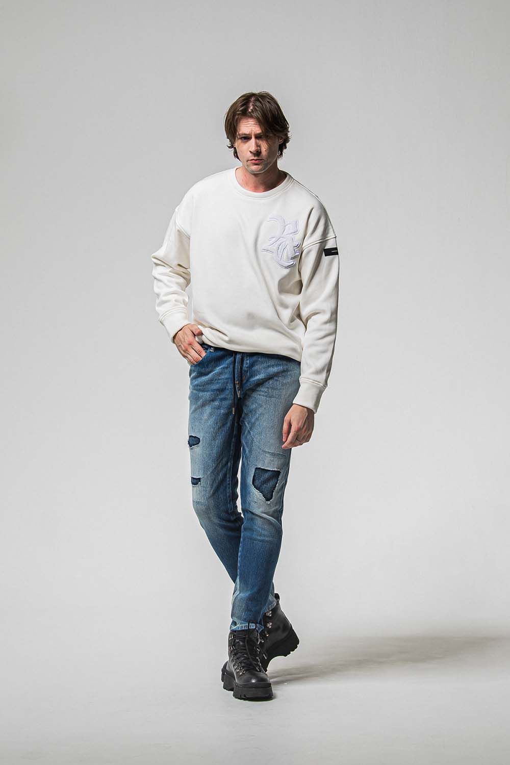 RC CHENILLE VELOURS FLEECE DROP TRINER / RC サガラ刺繍ワッペン ベロア フリース ドロップ トレーナー