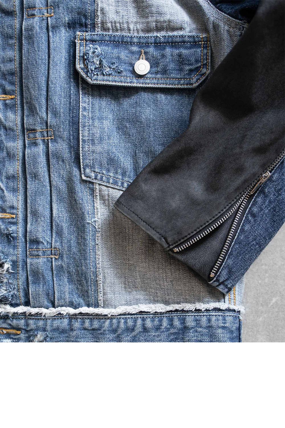 CENTER SEAM JKT×LEATHER DISTRESSED / センターシーム ダメージ加工 デニムジャケット レザー