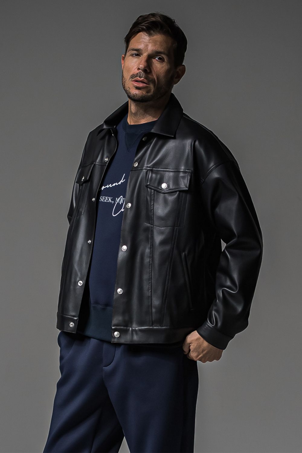 LEATHER OVER 3RD G / オーバーサイズ エコレザーGジャン