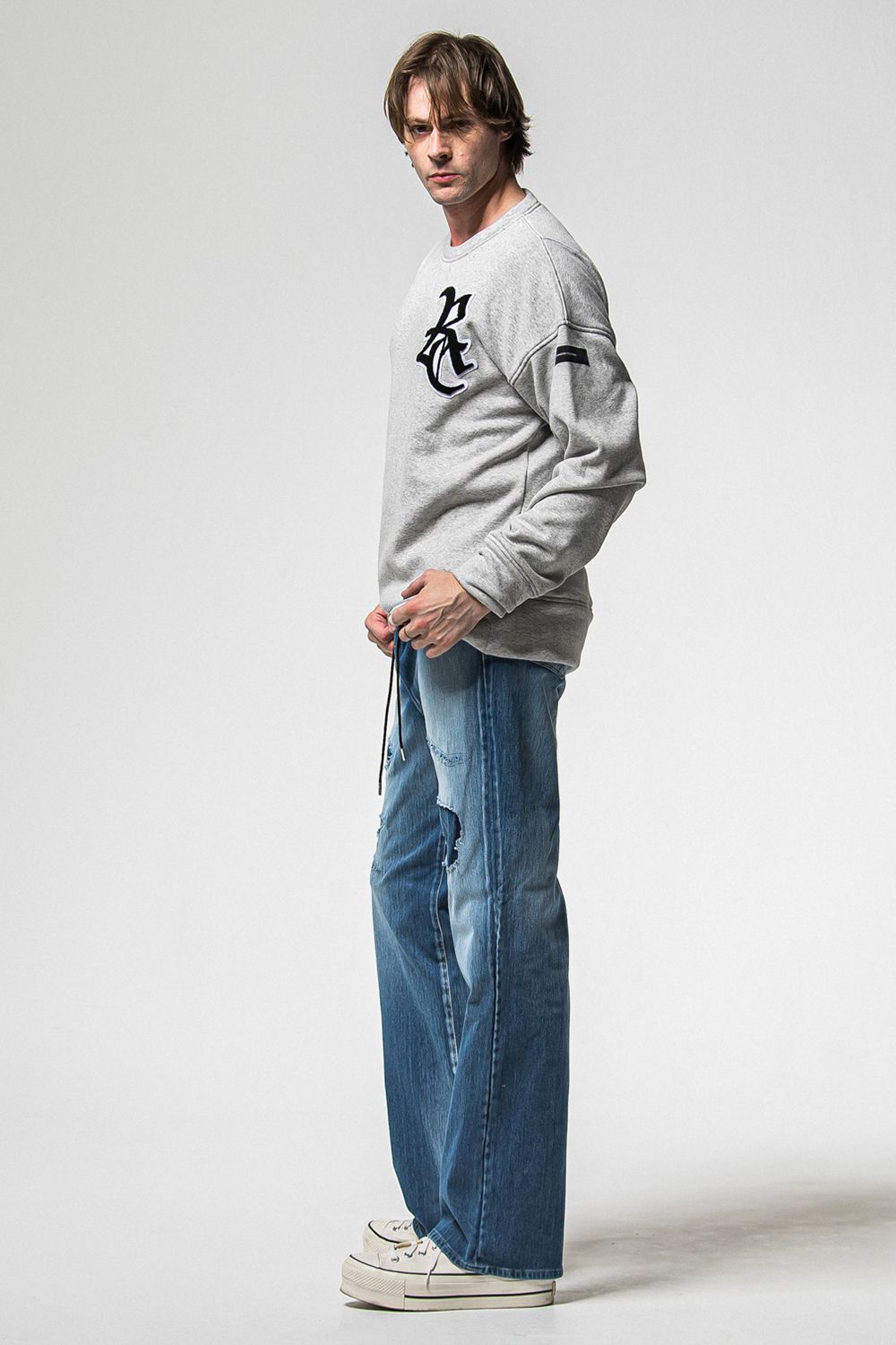 RC CHENILLE VELOURS FLEECE DROP TRINER / RC サガラ刺繍ワッペン ベロア フリース ドロップ トレーナー