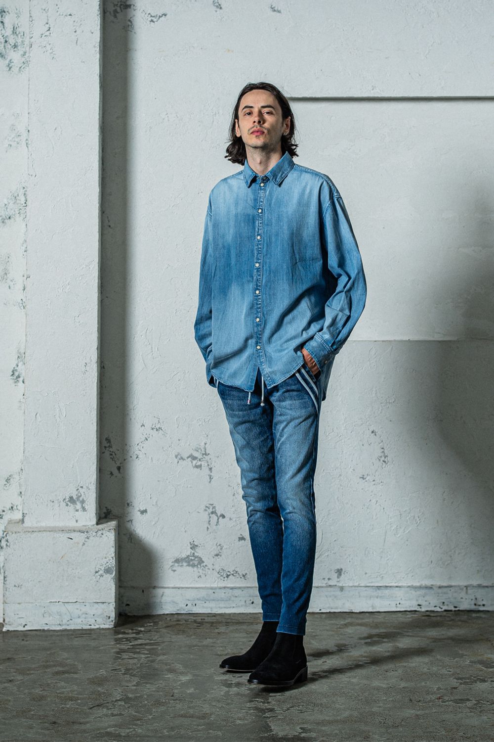 EX DENIM JERSEY EDGE PT / デニム ジャージ エッジ ラインパンツ
