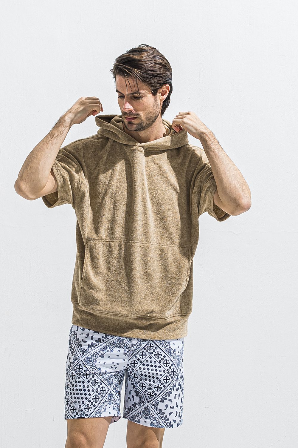 PILE HALF HOODIE / オーバーサイズ ハーフスリーブ パイル フーディー