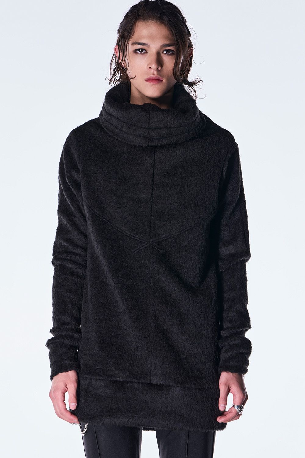 Long Shaggy Jersey Loose High Neck Pull Over / ロング シャギー ジャージ ルーズ ハイネック プルオーバー