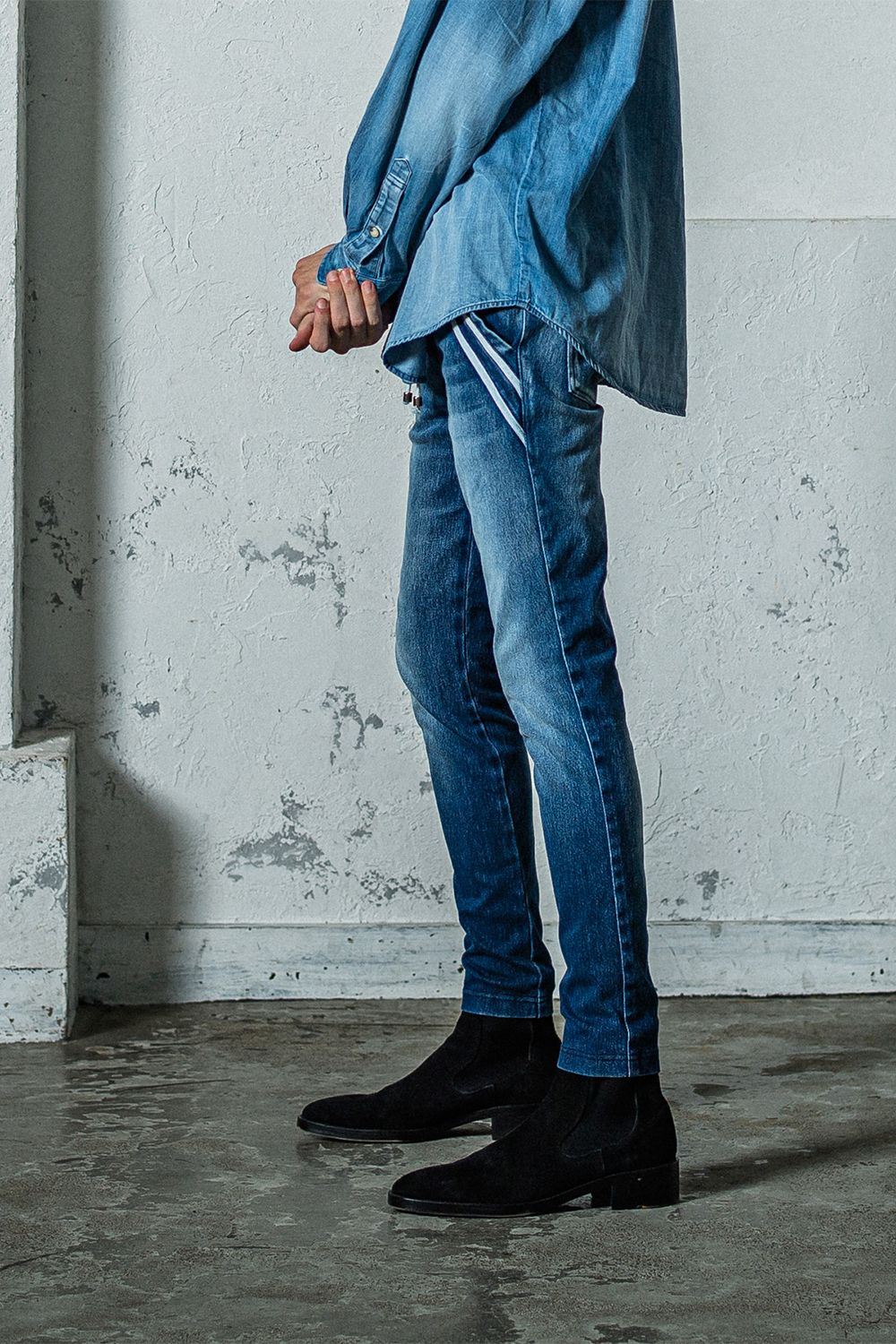 EX DENIM JERSEY EDGE PT / デニム ジャージ エッジ ラインパンツ