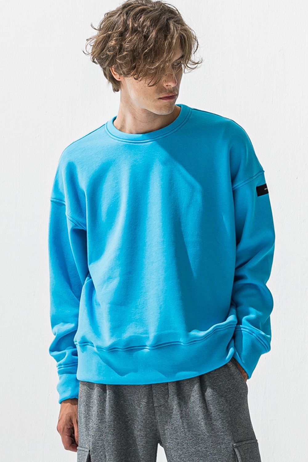 PIN ST RC velours fleece drop trainer / ピンストライプリサウンドロゴ 裏起毛 ベロア フリース ドロップショルダー ルーズトレーナー