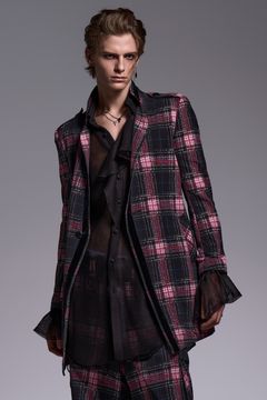 Pink Check Twill Trimming Stand Collar Jacket / ピンクチェックツイル トリミング スタンドカラージャケット