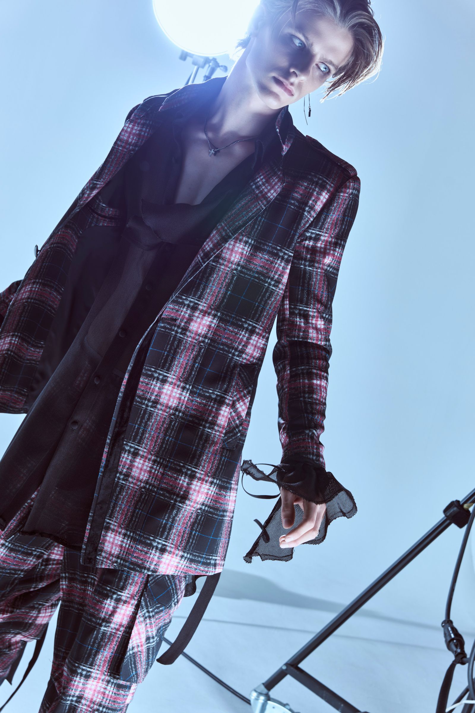 Pink Check Twill Trimming Stand Collar Jacket / ピンクチェックツイル トリミング スタンドカラージャケット