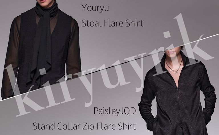 【kiryuyrik】Youryu Stoal Flare Shirt & PaisleyJQD Stand Collar Zip Flare Shirt