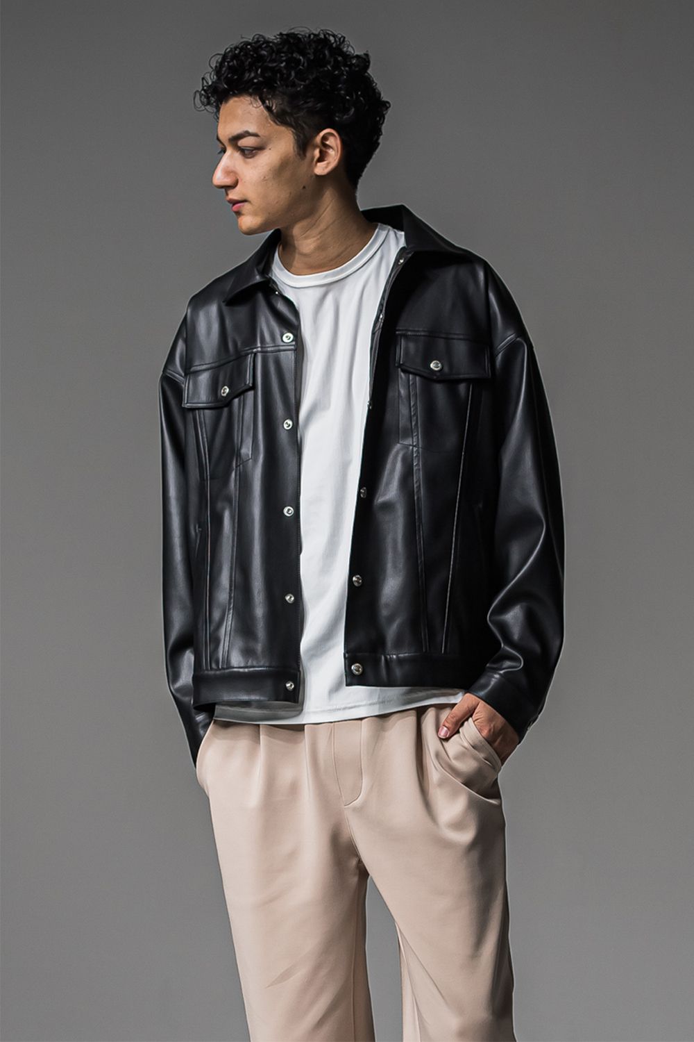 LEATHER OVER 3RD G / オーバーサイズ エコレザーGジャン