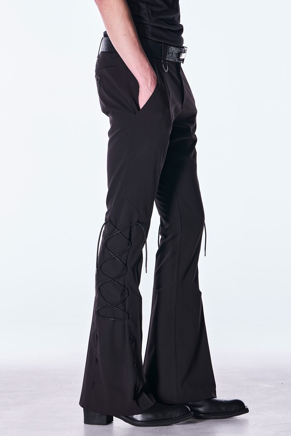 PE Gabardine Lace Up Flare Slacks / ポリエステル ギャバジン レースアップ フレア スラックス