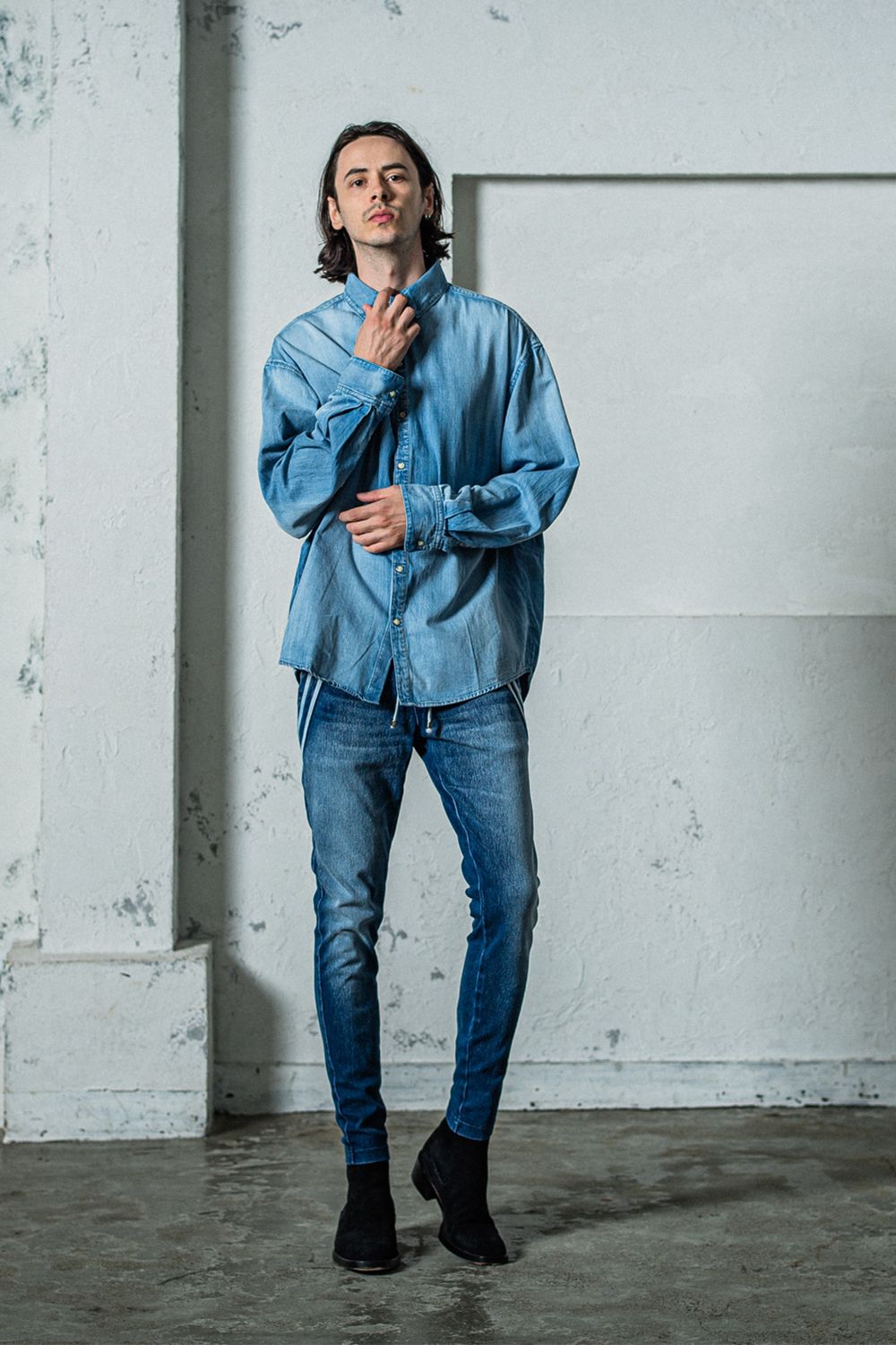 EX DENIM JERSEY EDGE PT / デニム ジャージ エッジ ラインパンツ