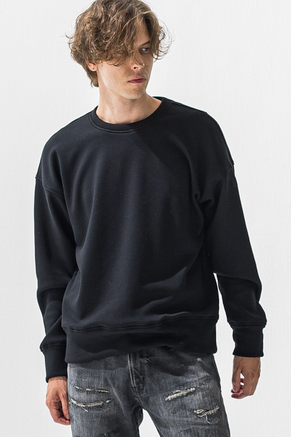 PIN ST RC velours fleece drop trainer / ピンストライプリサウンドロゴ 裏起毛 ベロア フリース ドロップショルダー ルーズトレーナー