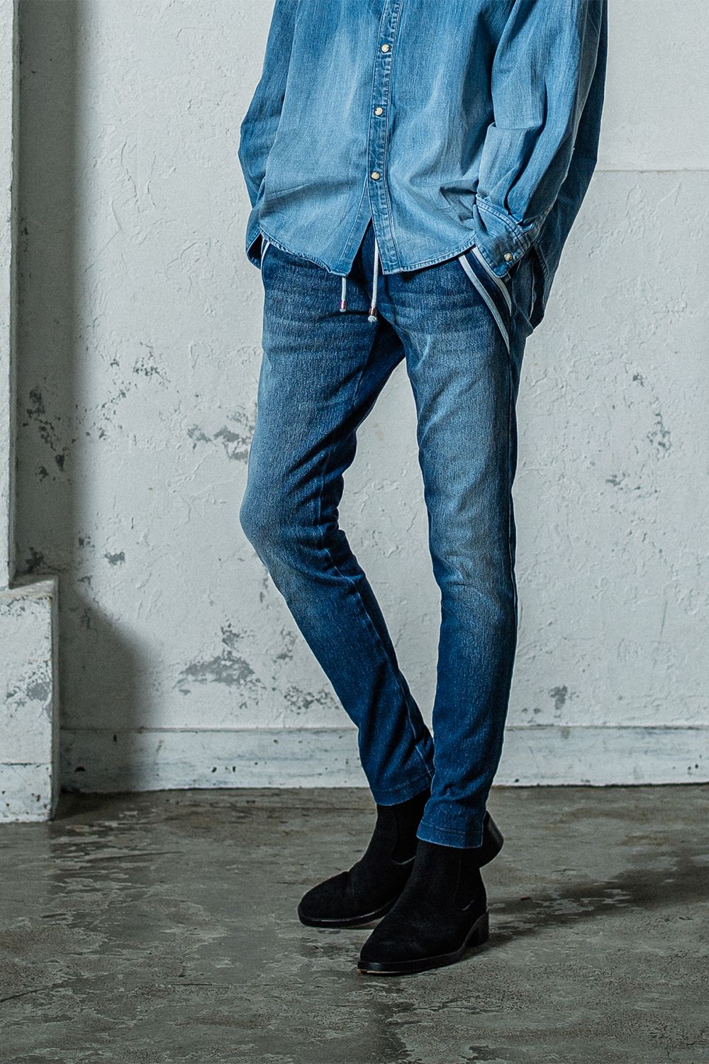 EX DENIM JERSEY EDGE PT / デニム ジャージ エッジ ラインパンツ