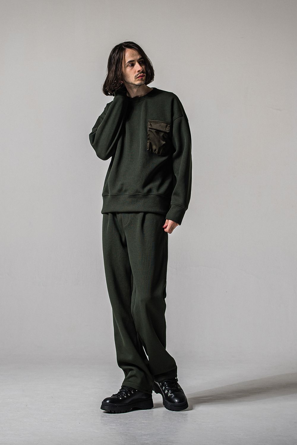 AZE MILITARY DROP TRAINER / 畔編み ミリタリー ドロップ トレーナー