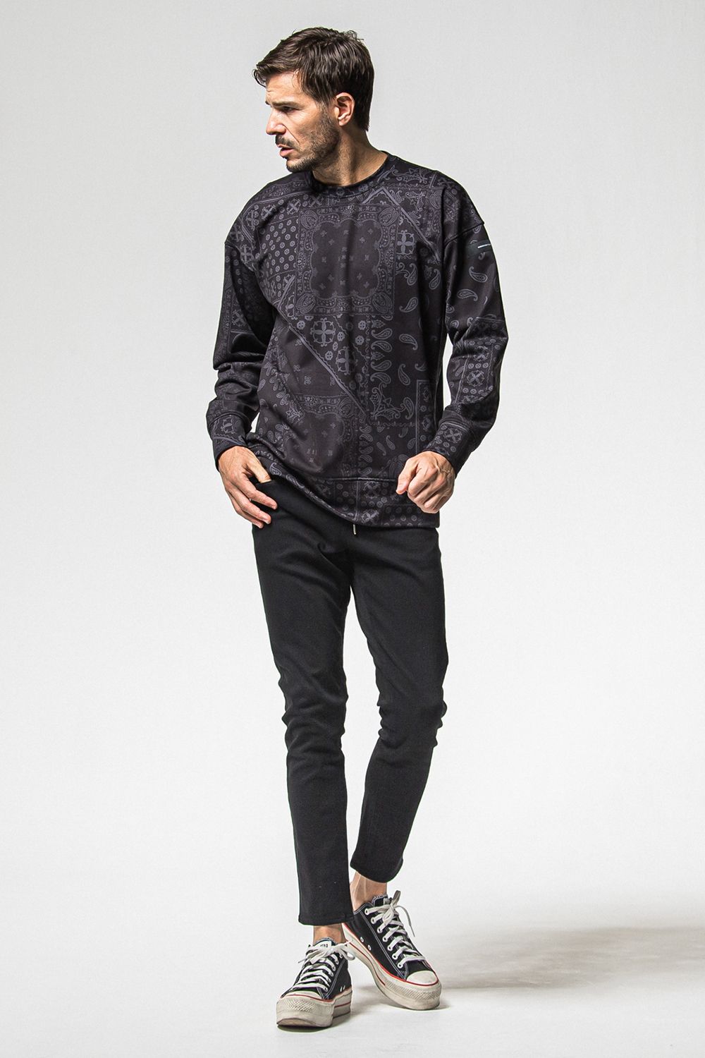 PAISLEY BACK FLEECE DROP TRAINER / 裏起毛 ペイズリー柄 ルーズトレーナー