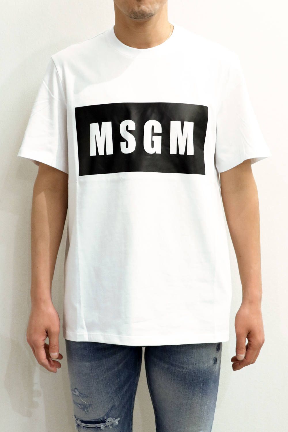 新品 MSGM エムエスジーエム XS メンズ ホワイト ボックスロゴTシャツ