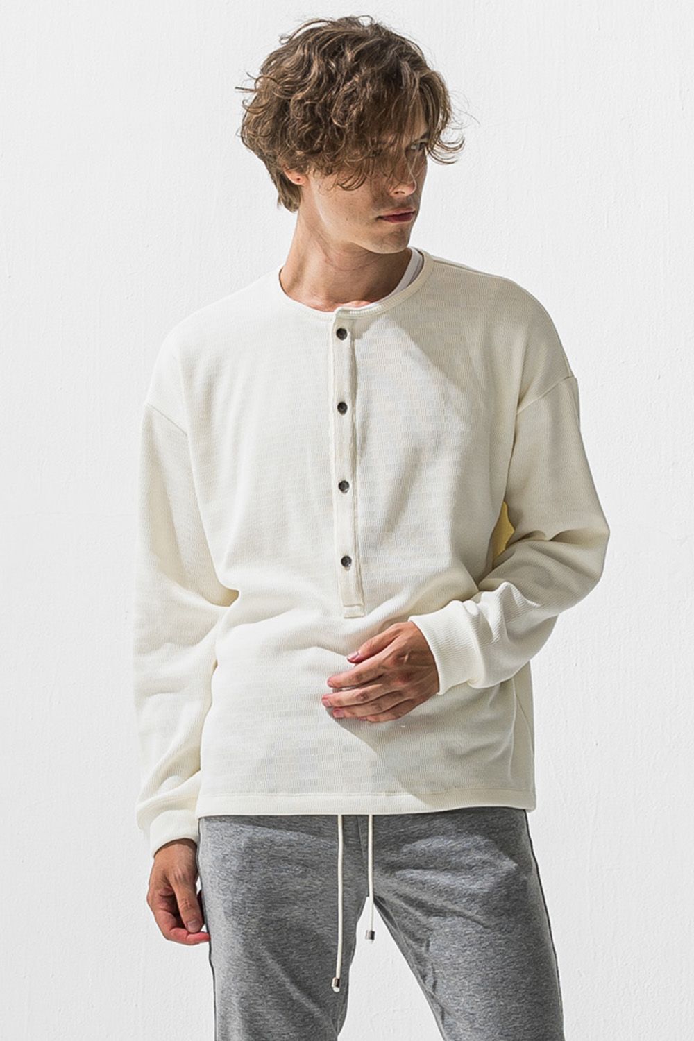 OVER  HENRY VELOURS FLEECE THERMAL / 裏起毛 ベロア フリース サーマル ヘンリーネック オーバーサイズ