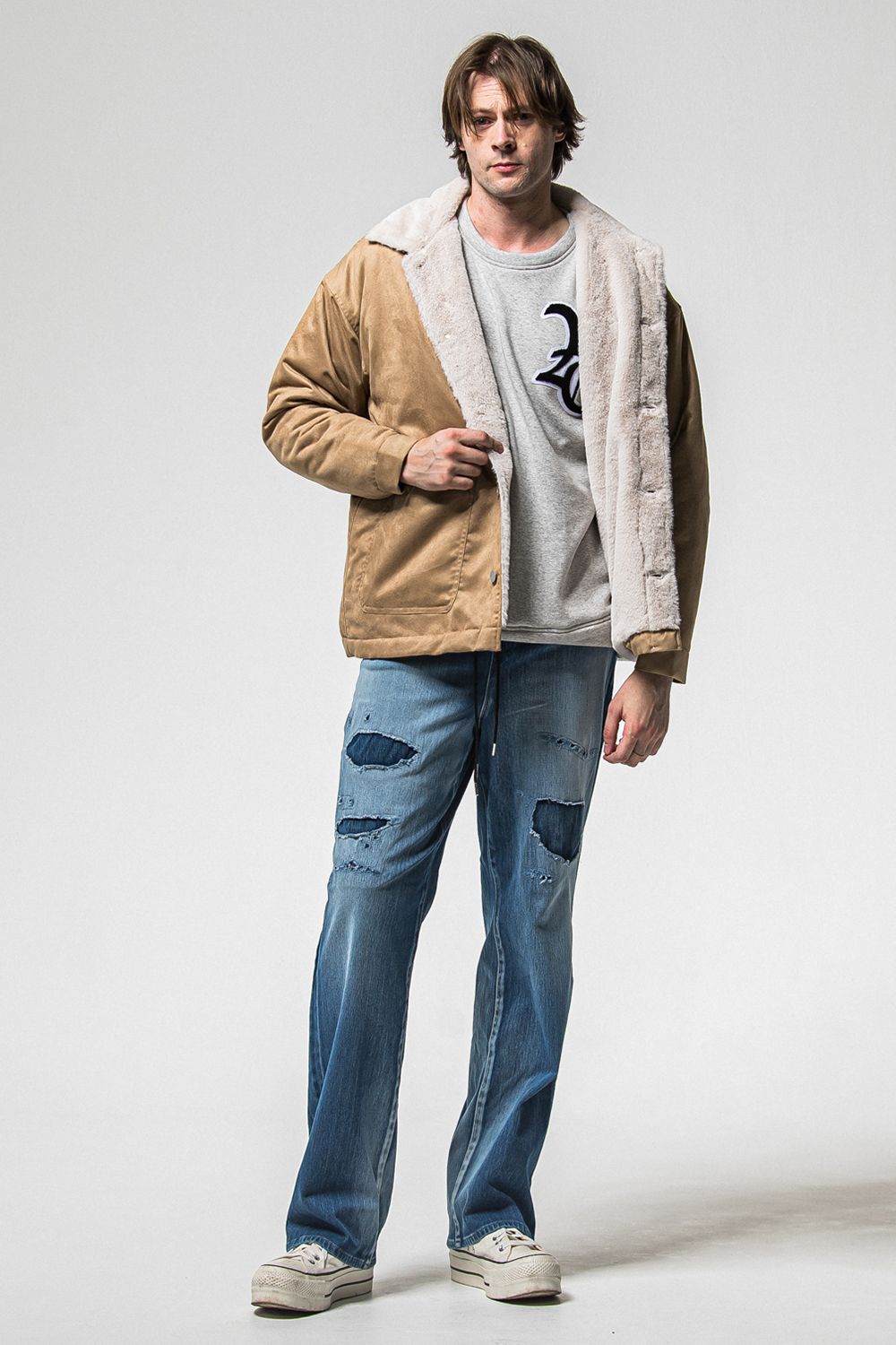 RC CHENILLE VELOURS FLEECE DROP TRINER / RC サガラ刺繍ワッペン ベロア フリース ドロップ トレーナー