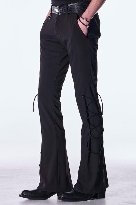 PE Gabardine Lace Up Flare Slacks / ポリエステル ギャバジン レースアップ フレア スラックス