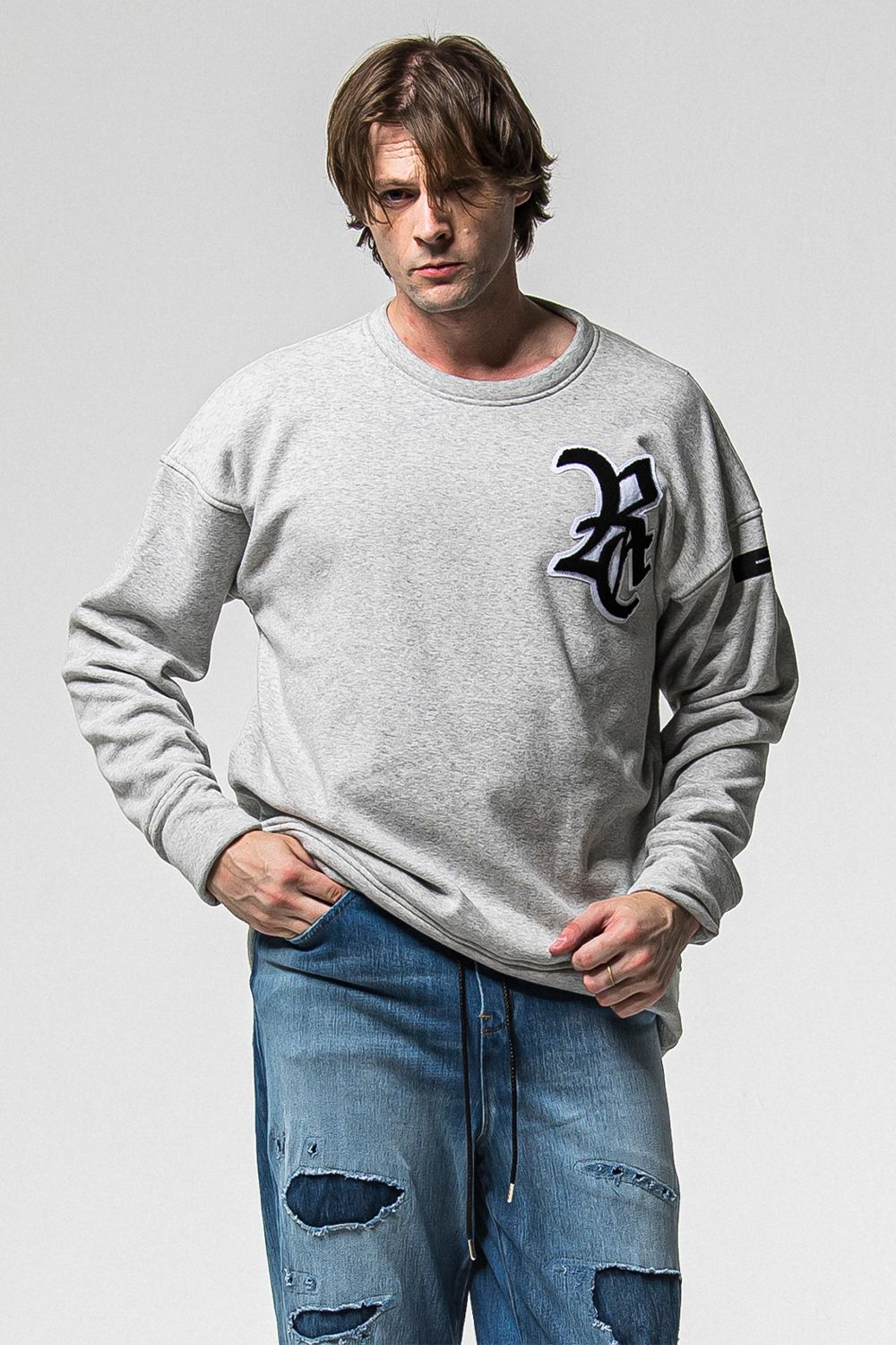 RC CHENILLE VELOURS FLEECE DROP TRINER / RC サガラ刺繍ワッペン ベロア フリース ドロップ トレーナー