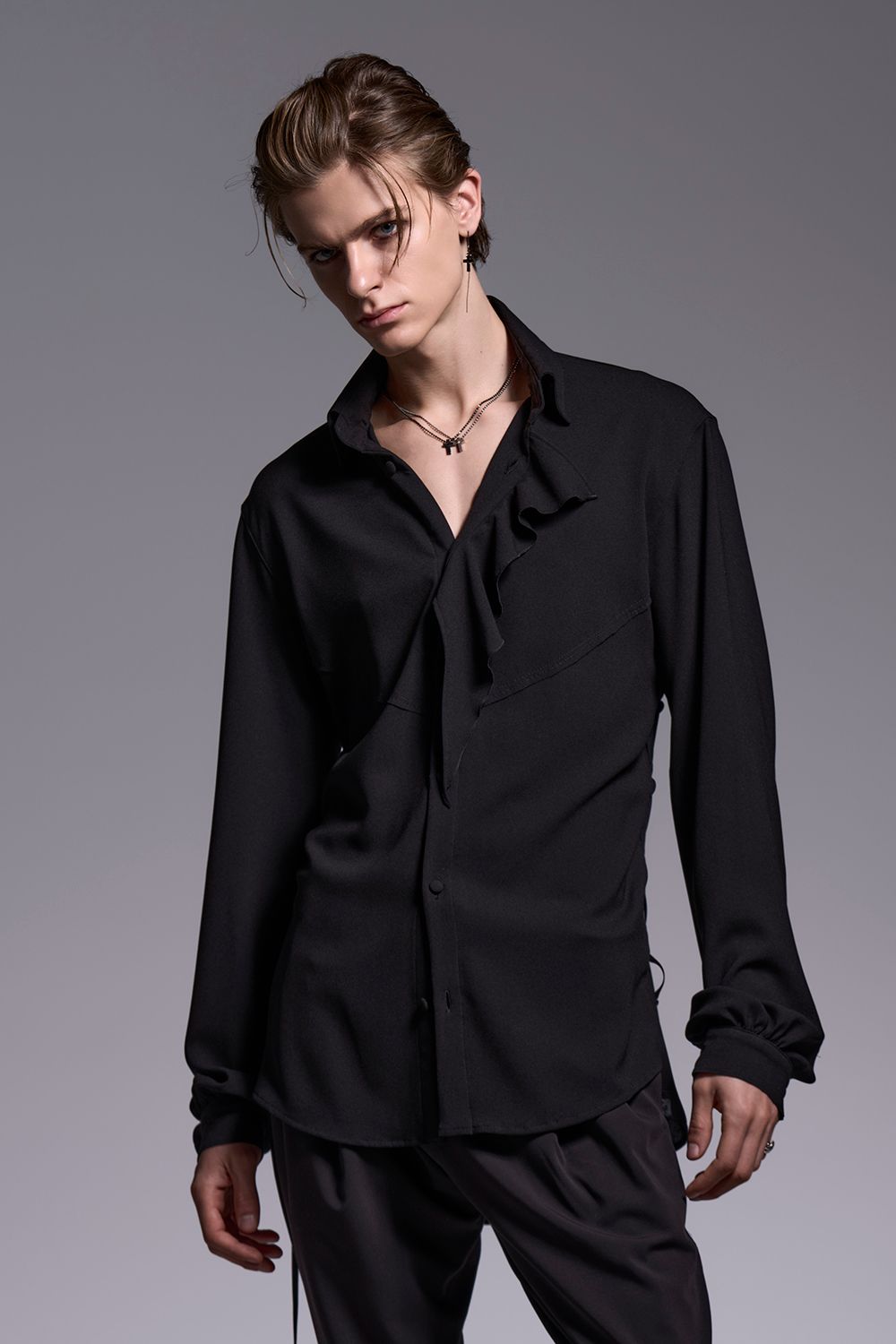 Crape Lace Up Single Frill Shirts / クレープ レースアップ シングル フリルシャツ