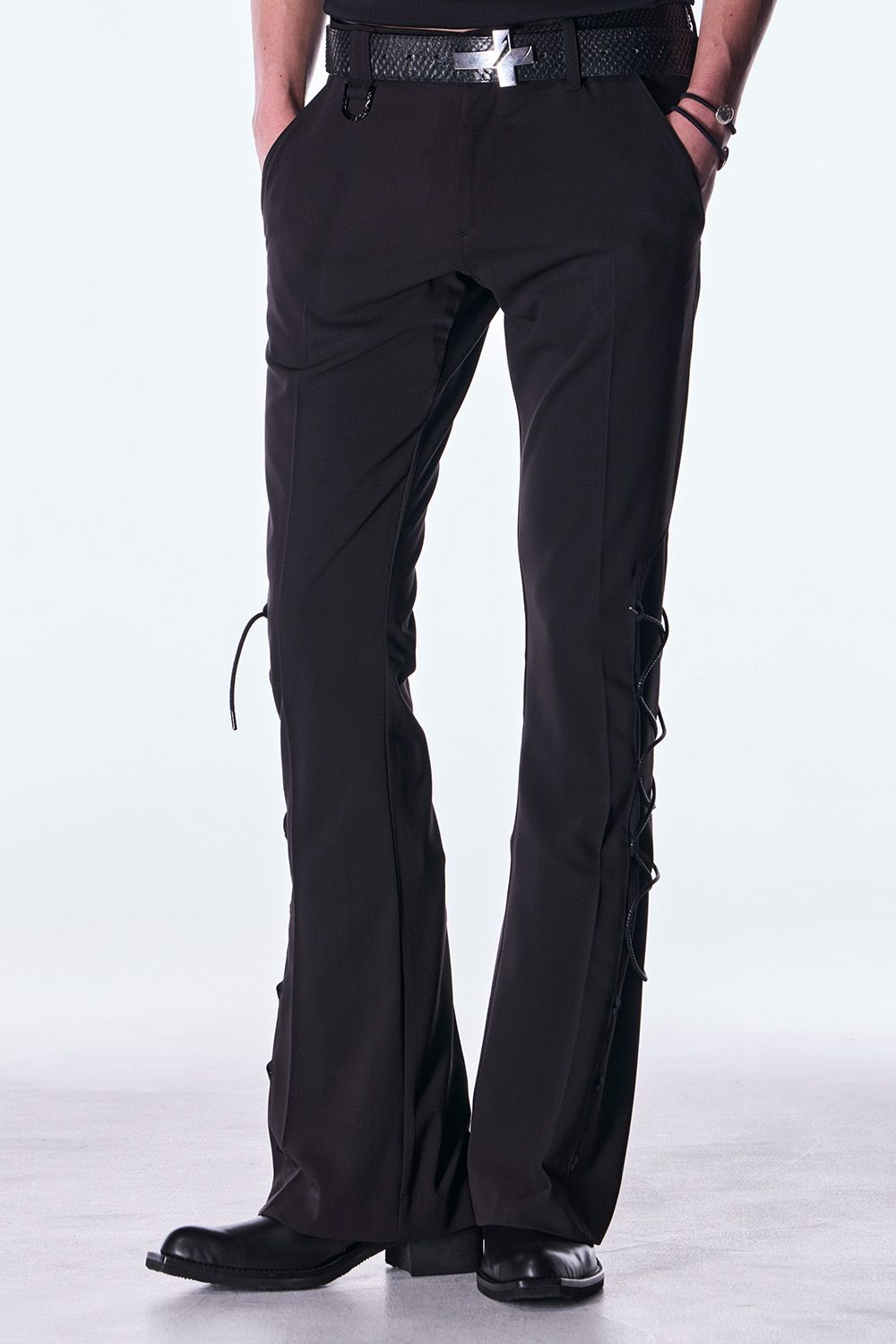 PE Gabardine Lace Up Flare Slacks / ポリエステル ギャバジン レースアップ フレア スラックス