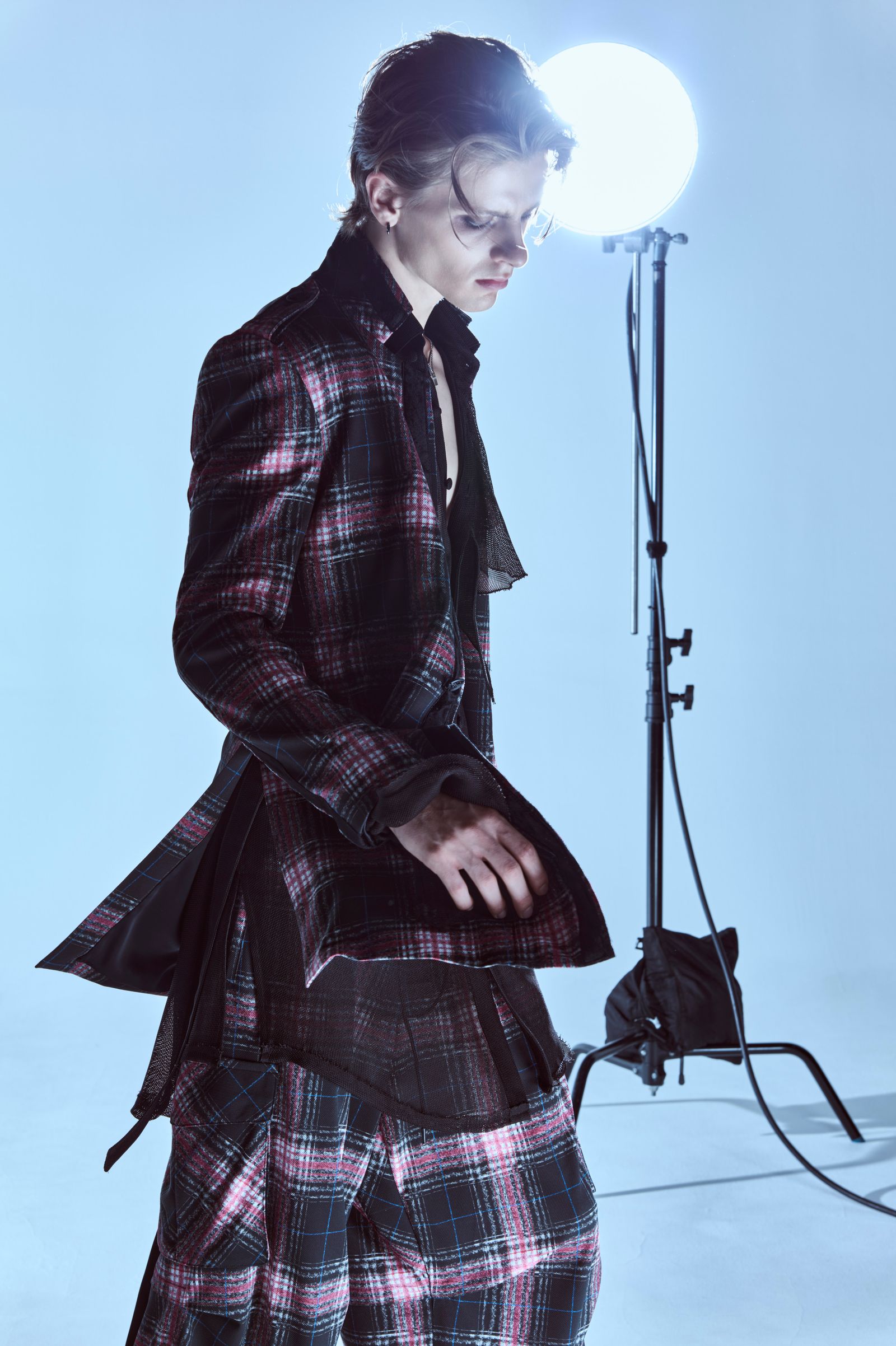 Pink Check Twill Trimming Stand Collar Jacket / ピンクチェックツイル トリミング スタンドカラージャケット