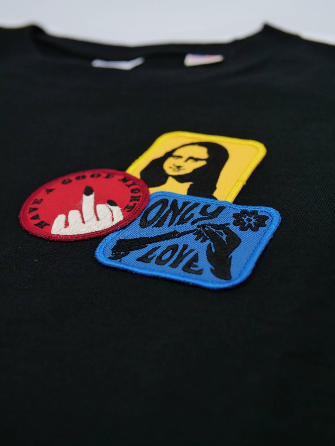 「リメイクTシャツ」 ロンTリメイク /モナリザモチーフワッペン /  BLACK / ユニセックス / usaコットン tシャツ