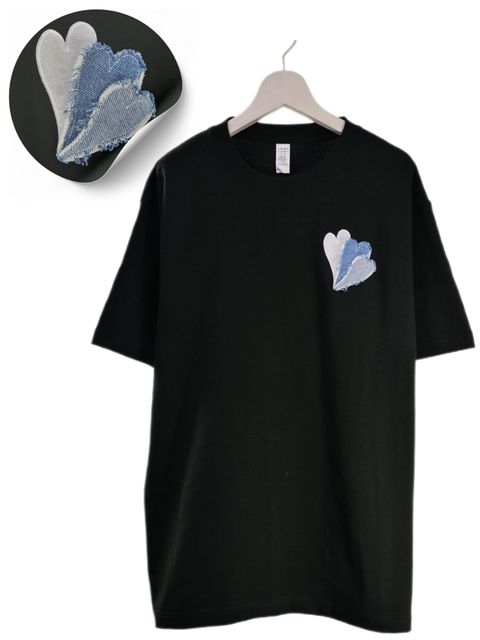 【ハートデザイン】 刺繍Tシャツ / 6.6オンス / BLACK /  ヘヴィウエイト / シンプルTシャツ / 1ポイントデザイン