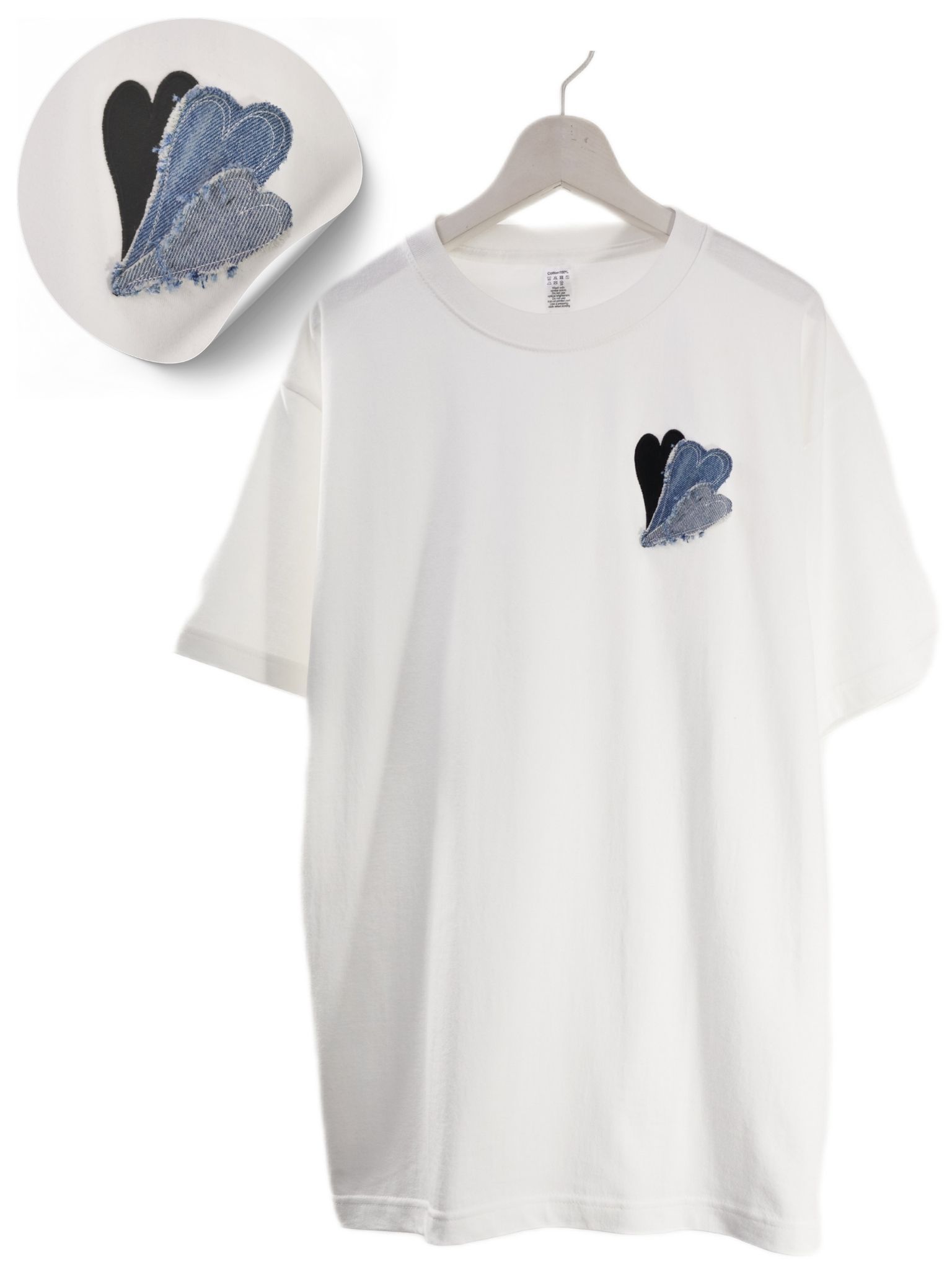 【ハートデザイン】 刺繍Tシャツ / 6.6オンス / White / ヘヴィウエイト / シンプルTシャツ / 1ポイントデザイン