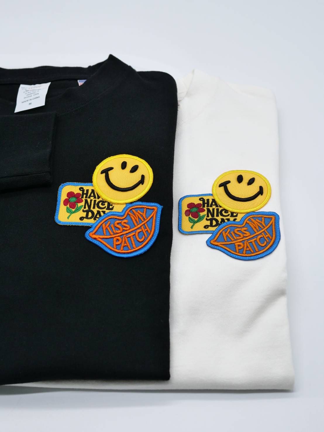 「リメイクTシャツ」 ロンTリメイク / ニコちゃんワッペン / WHITE / ユニセックス / usaコットン tシャツ