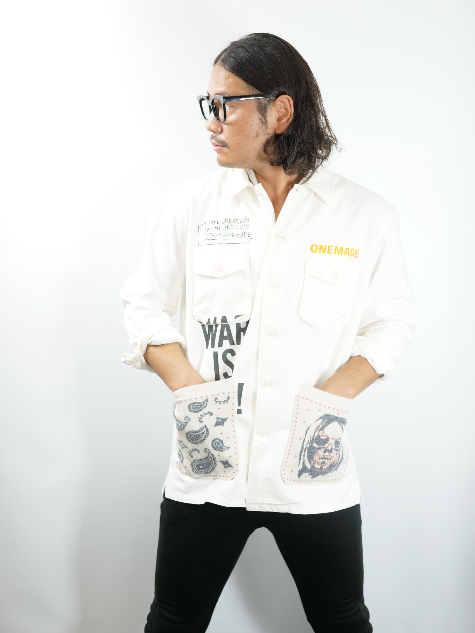 【今期トレンドの大人ミリタリー】ONE-997 / MILITARY SHIRT / ミリタリーシャツ / カシミアニットドッキング / ハンドメイド