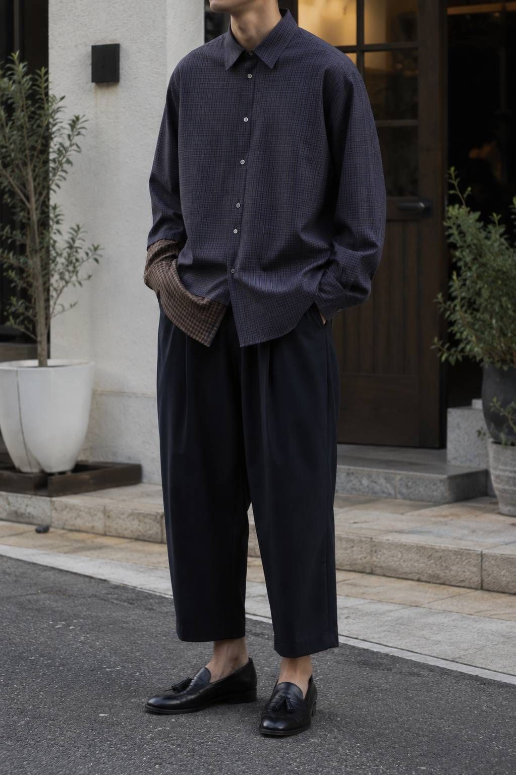 【アシンメトリー2WAYシャツ】 DOCKING FLIP SHIRT / チェックシャツ / リラックスフィット