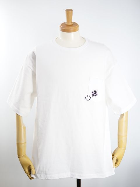 【3D刺繍】LANDER BLUE オリジナル /WHITE / ホワイト / ニコちゃん刺繍 / ビックシルエット / 1ポケTシャツ