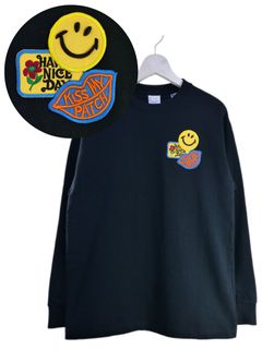 「リメイクTシャツ」 ロンTリメイク / ニコちゃんワッペン / BLACK / ユニセックス / usaコットン tシャツ