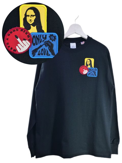 「リメイクTシャツ」 ロンTリメイク /モナリザモチーフワッペン /  BLACK / ユニセックス / usaコットン tシャツ