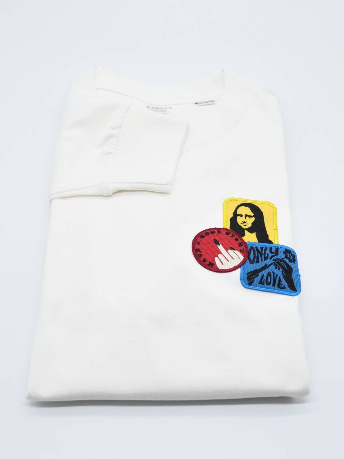 「リメイクTシャツ」 ロンTリメイク / モナリザモチーフワッペン / WHITE / ユニセックス / usaコットン tシャツ