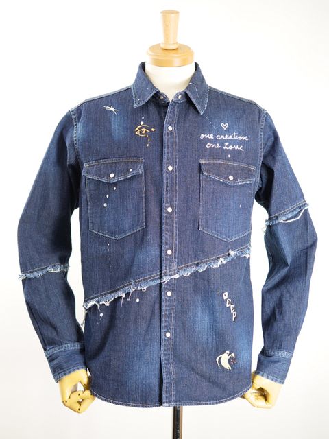【独特なカッティングが目を惹く】UNISEX / DENIM SHIRT / 刺繍デザイン / デニム素材 / ハンドペイント / ハンドメイド
