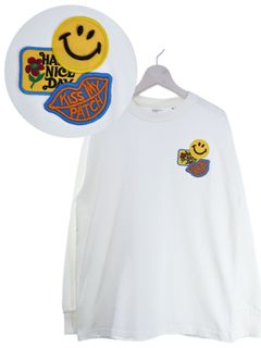 「リメイクTシャツ」 ロンTリメイク / ニコちゃんワッペン / WHITE / ユニセックス / usaコットン tシャツ