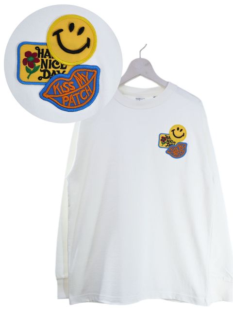 「リメイクTシャツ」 ロンTリメイク / ニコちゃんワッペン / WHITE / ユニセックス / usaコットン tシャツ