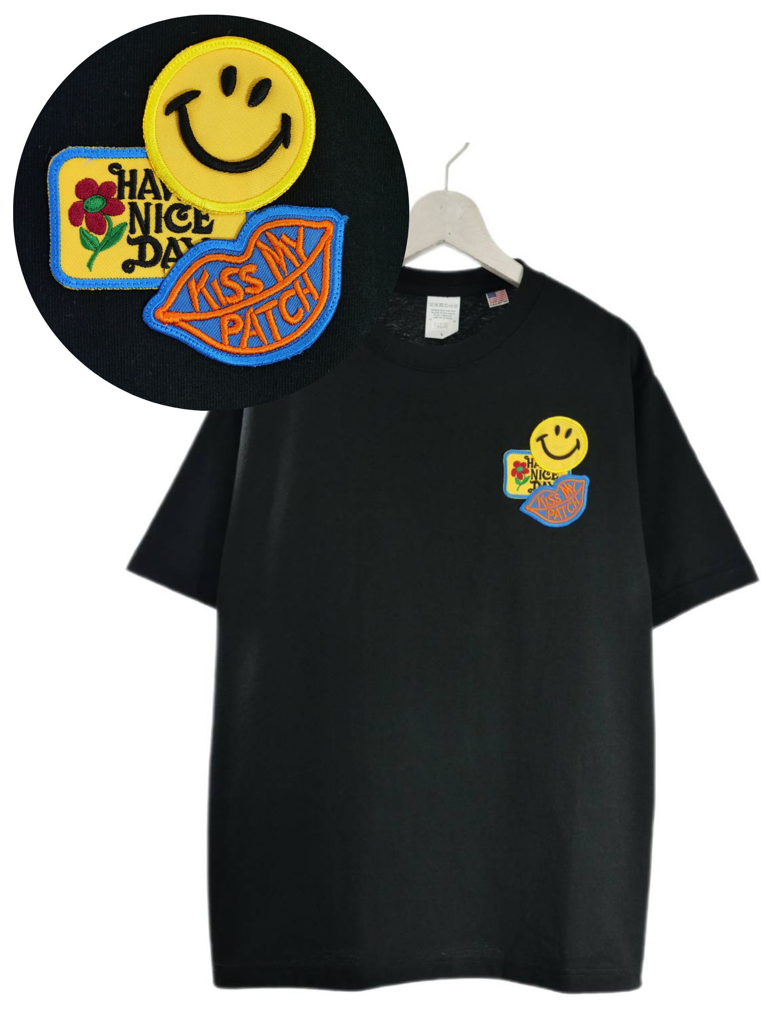「リメイクTシャツ」 ニコちゃんTシャツ /ワッペン / BLACK / ユニセックス / usaコットン tシャツ