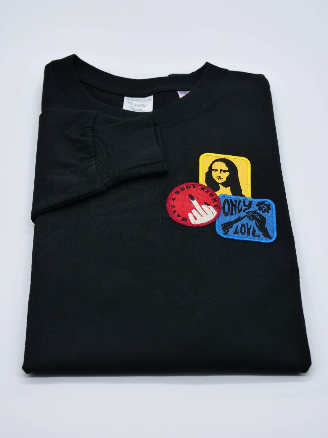 「リメイクTシャツ」 ロンTリメイク /モナリザモチーフワッペン /  BLACK / ユニセックス / usaコットン tシャツ
