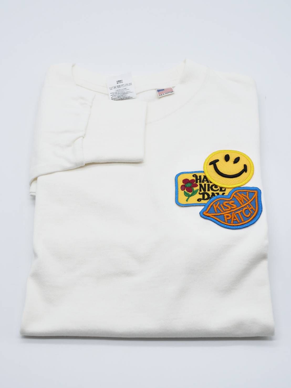 「リメイクTシャツ」 ロンTリメイク / ニコちゃんワッペン / WHITE / ユニセックス / usaコットン tシャツ