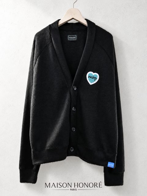 MAISON HONORÉ（メゾンオノレ）ハート刺繍 カーディガン ユニセックス｜WOOL混シャギー・ティファニーブルー刺繍