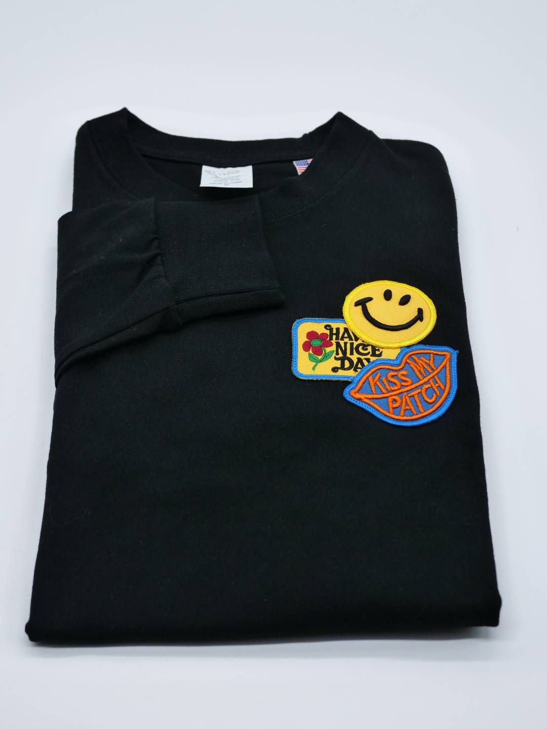 「リメイクTシャツ」 ロンTリメイク / ニコちゃんワッペン / BLACK / ユニセックス / usaコットン tシャツ