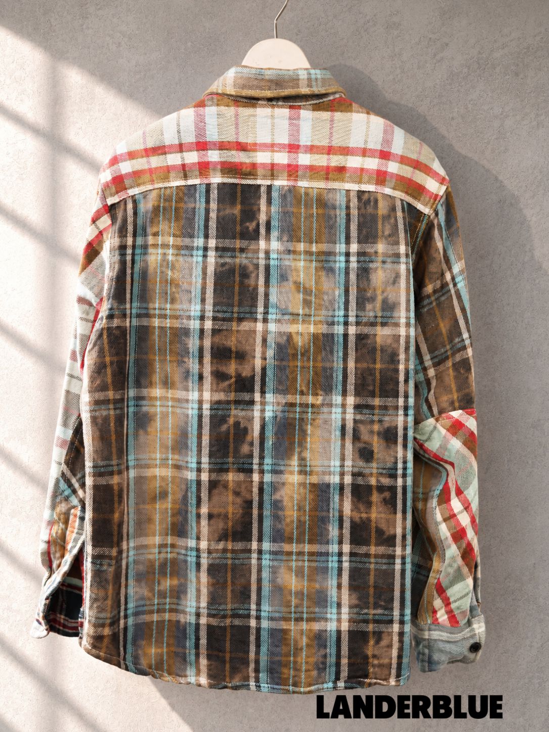 【LANDERBLUEオリジナル】ヴィンテージピンバッジ付き タイダイ染めチェック切替ヘビーネルシャツ