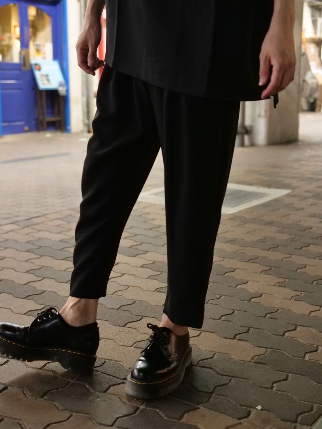 【大人のワイドスラックス】 2タック スラックス / BLACK ストライプ / ストレッチ素材 / ドライタッチ / サルエル / テーパード